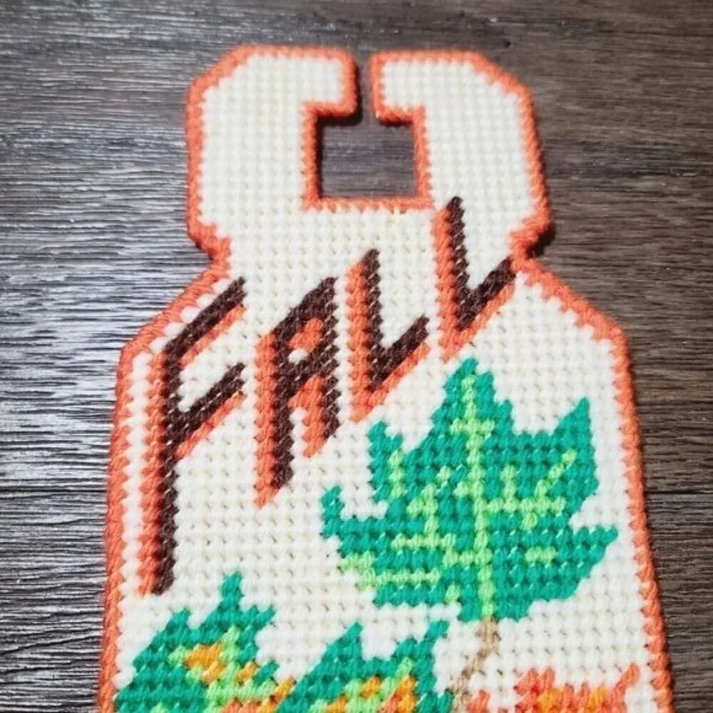 Vintage MCM Needlepoint Fall Leaves Plastic Door Hanger Orange Brown Retro